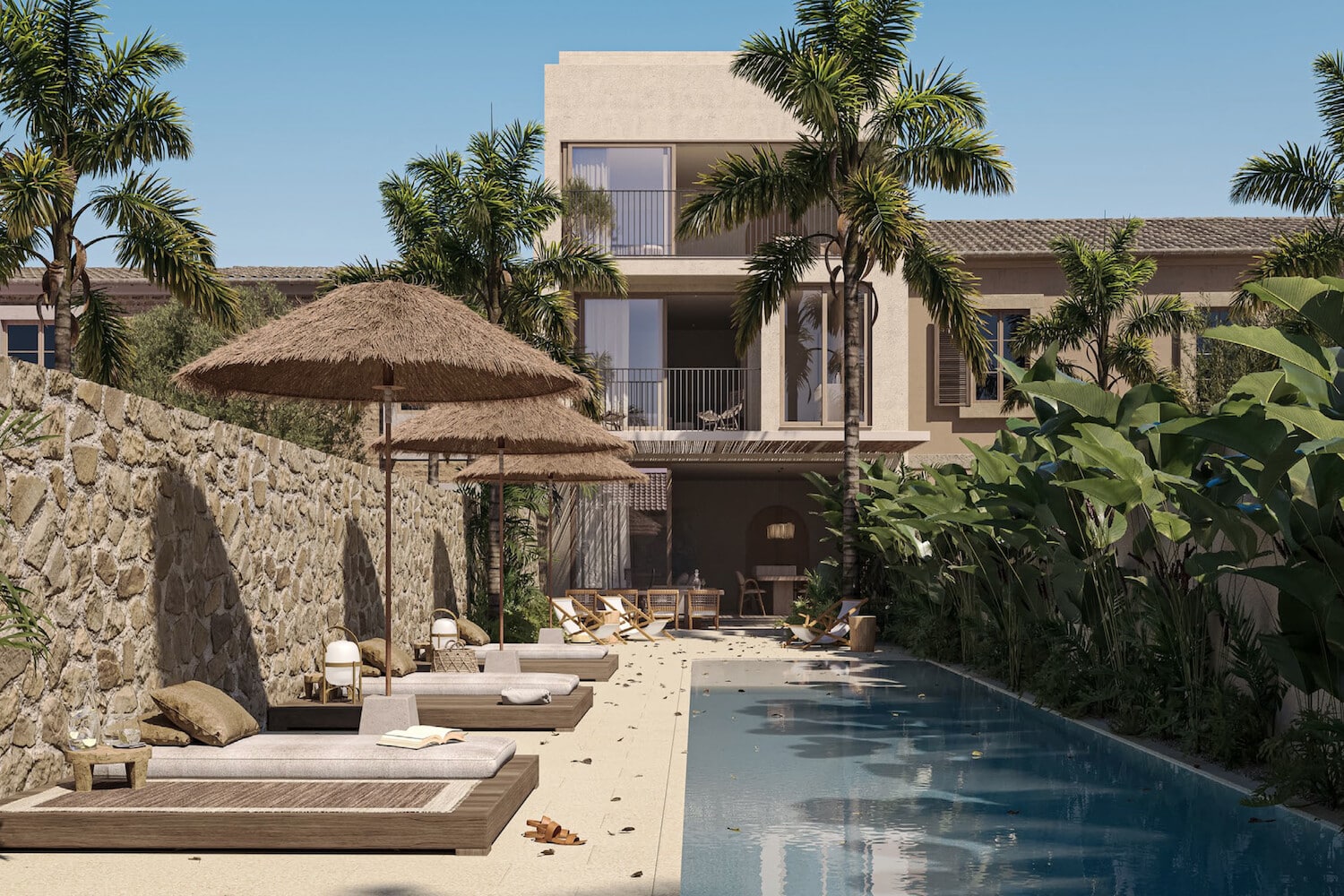 Modernes Stadthaus im Herzen von Santanyí – Neubau mit mediterranem Garten, Pool und Dachterrasse