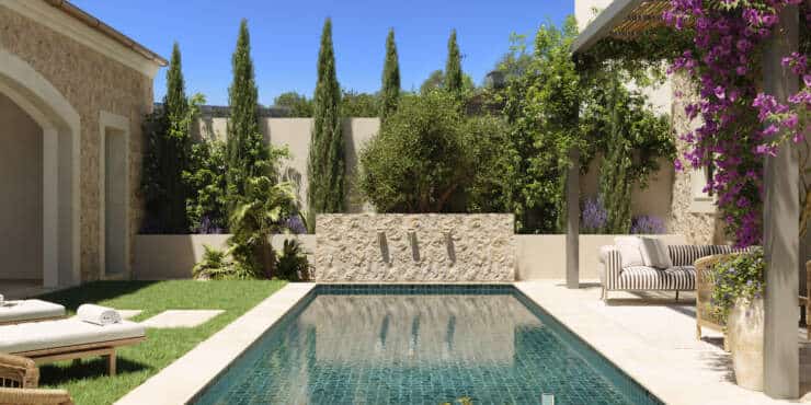 Neubaustadthaus im Herzen von Ses Salines – Mediterraner Luxus mit großen Patio, Pool und Dachterrasse
