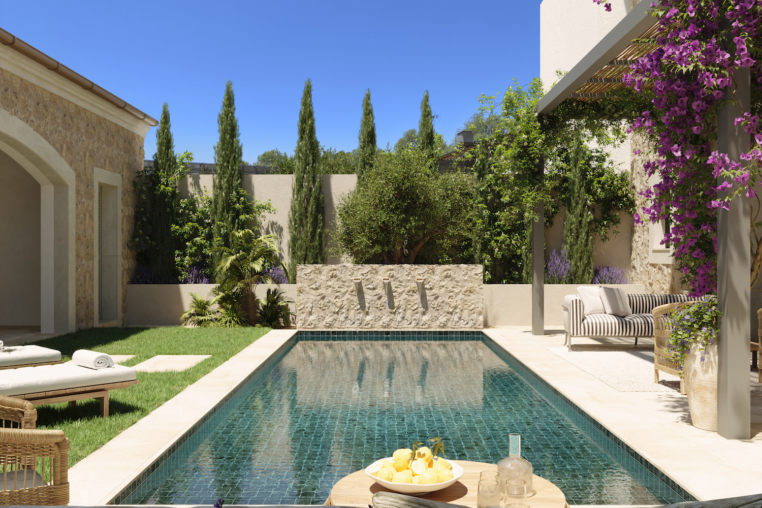 Neubaustadthaus im Herzen von Ses Salines – Mediterraner Luxus mit großen Patio, Pool und Dachterrasse