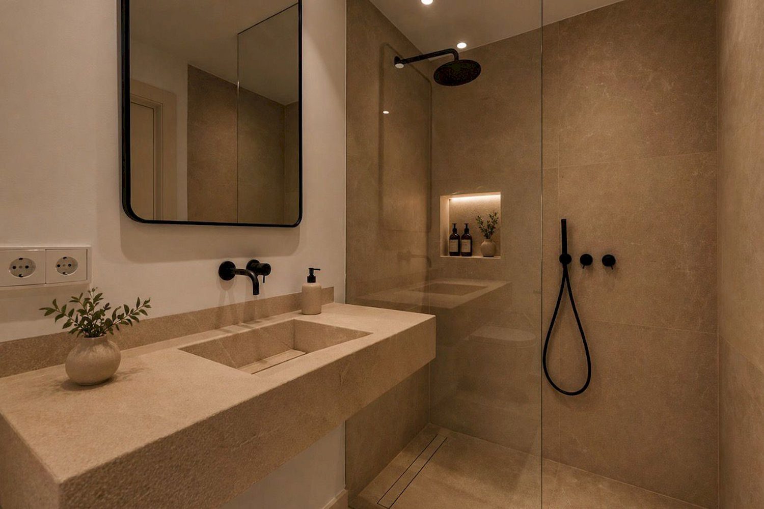 En-suite Duschbad mit hochwertiger Natursteinausstattung