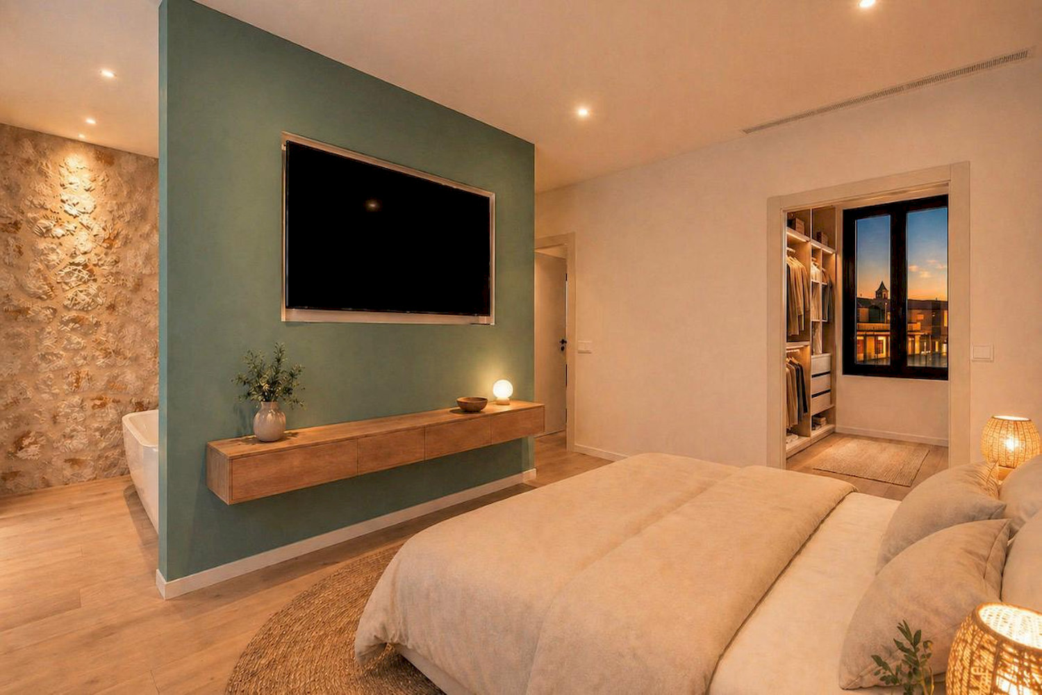 Masterschlafzimmer mit freistehender Badewanne