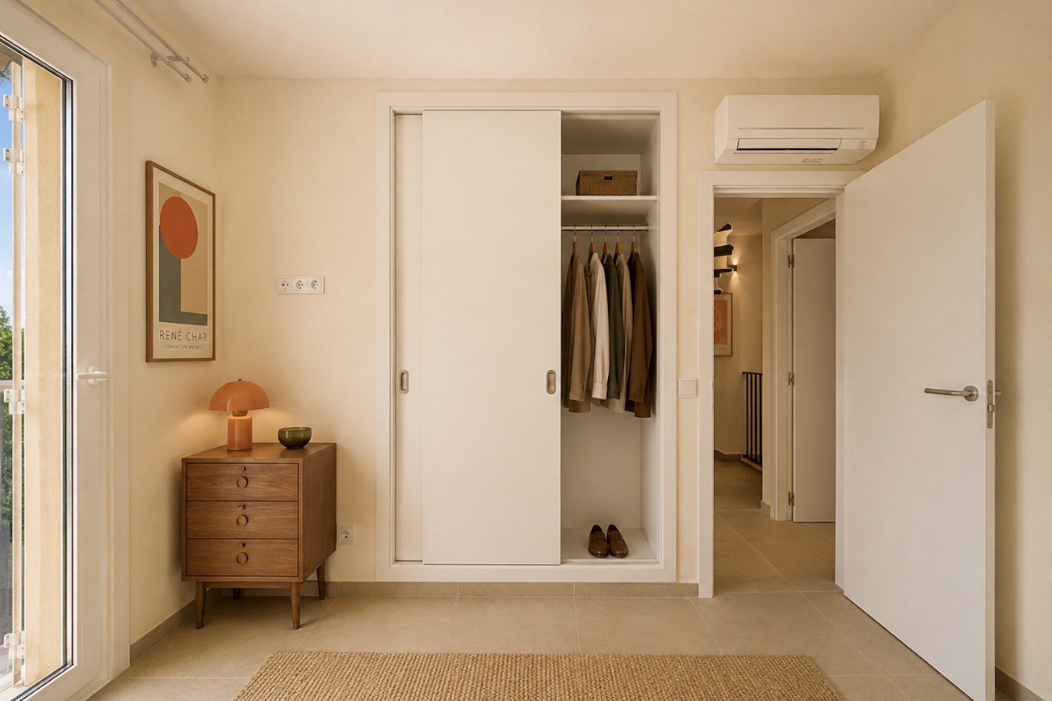 Schlafzimmer mit Einbauschrank und Klimaanlage
