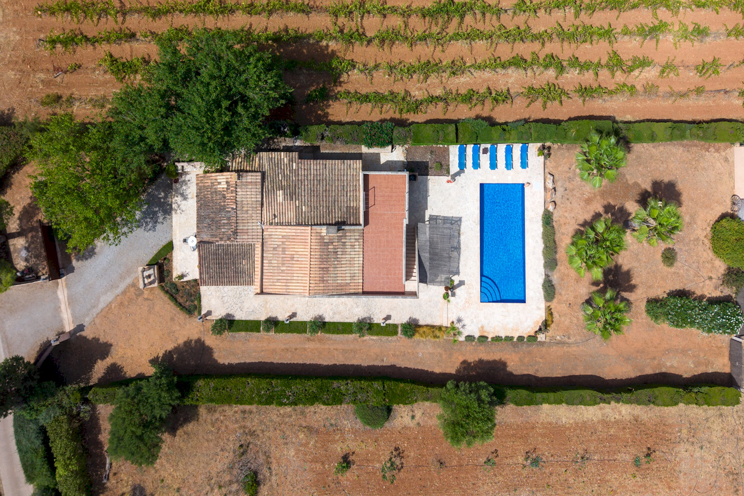 Finca mit Pool und weitläufigem Grundstück aus der Vogelperspektive